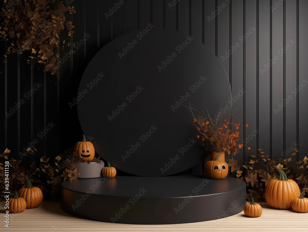 Poster Halloween background with podium copy space for product display. 3D rendering Generative ai