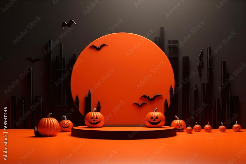 Poster Halloween background with podium copy space for product display. 3D rendering Generative ai