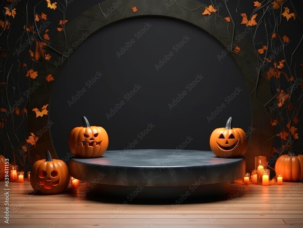 Poster Halloween background with podium copy space for product display. 3D rendering Generative ai