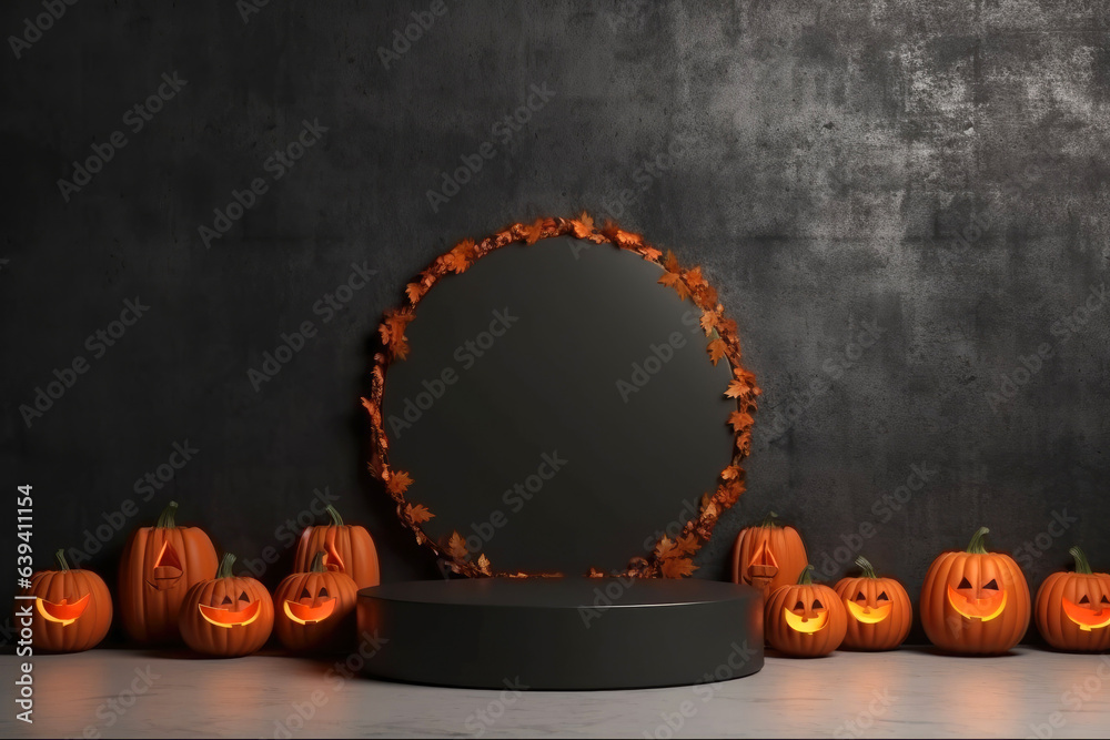 Poster Halloween background with podium copy space for product display. 3D rendering Generative ai