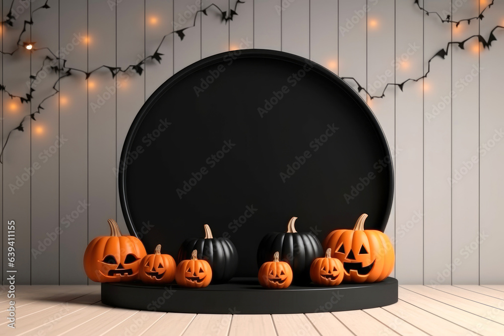Poster halloween background with podium copy space for product display. 3d rendering generative ai