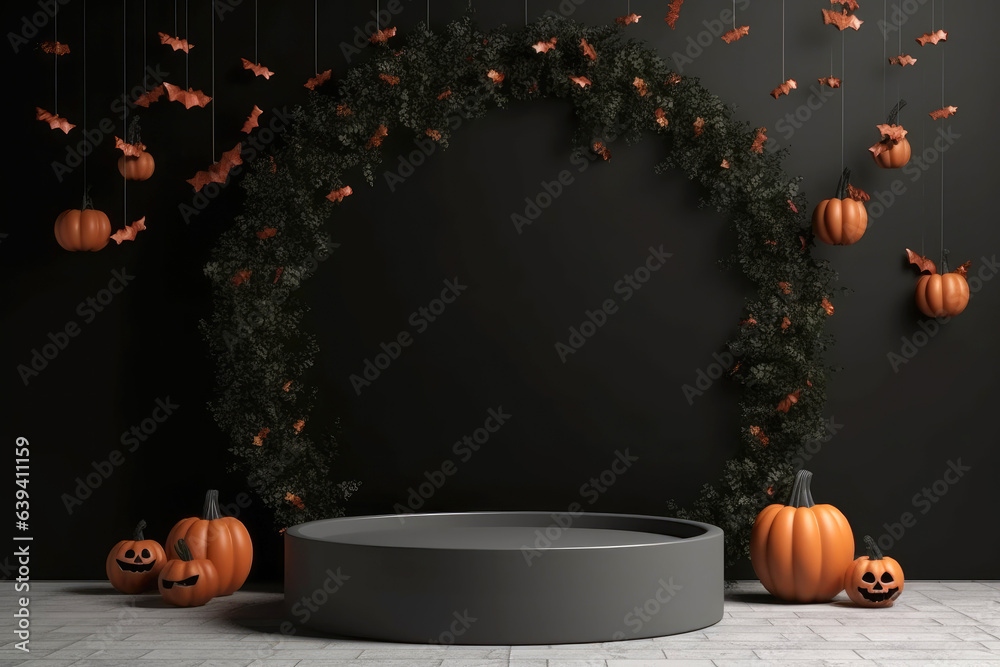 Poster Halloween background with podium copy space for product display. 3D rendering Generative ai