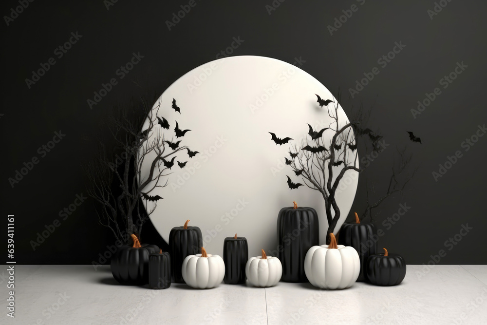 Poster Halloween background with podium copy space for product display. 3D rendering Generative ai