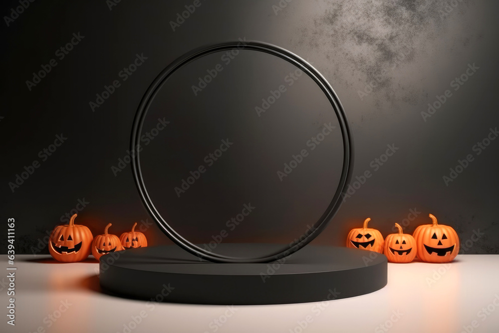 Poster Halloween background with podium copy space for product display. 3D rendering Generative ai