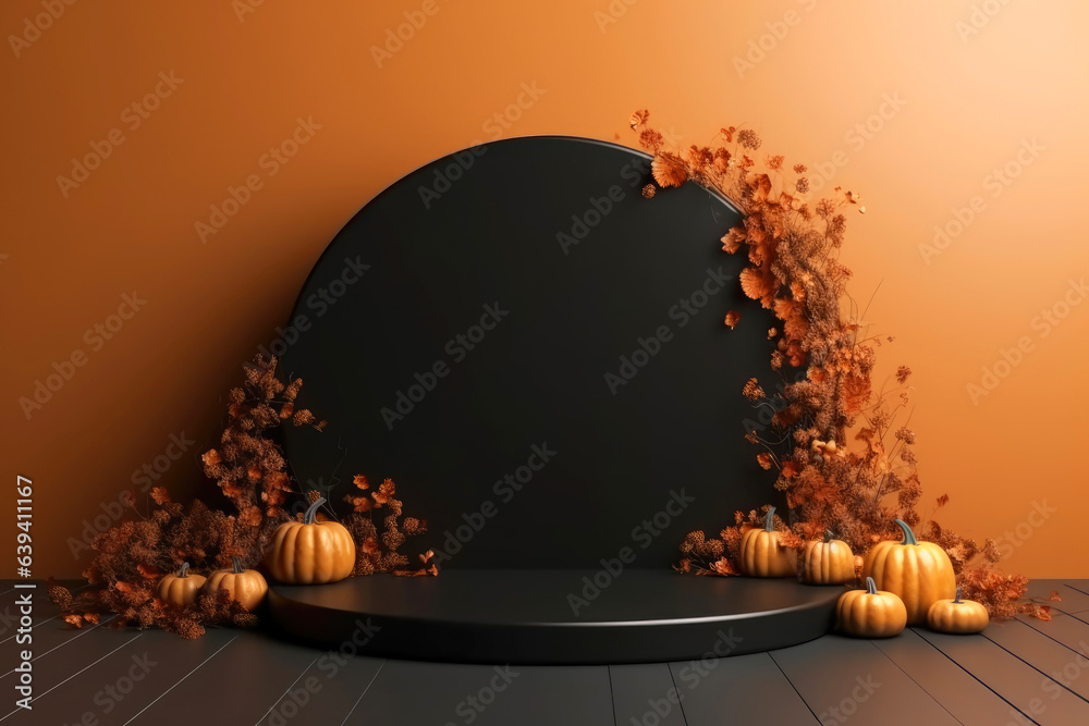 Poster halloween background with podium copy space for product display. 3d rendering generative ai