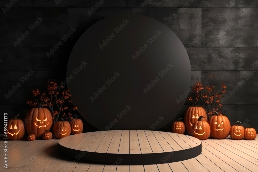 Poster halloween background with podium copy space for product display. 3d rendering generative ai