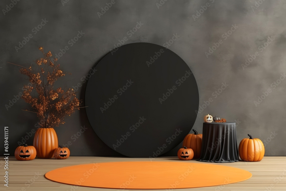 Poster Halloween background with podium copy space for product display. 3D rendering Generative ai
