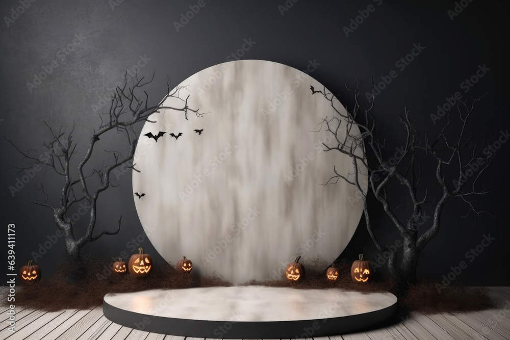 Poster Halloween background with podium copy space for product display. 3D rendering Generative ai