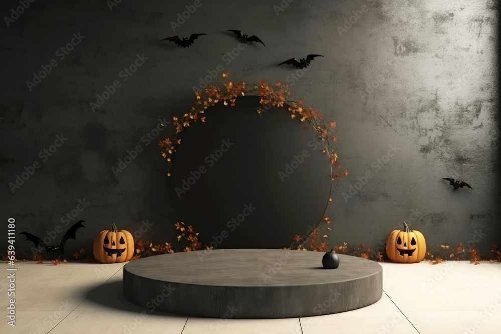 Poster halloween background with podium copy space for product display. 3d rendering generative ai