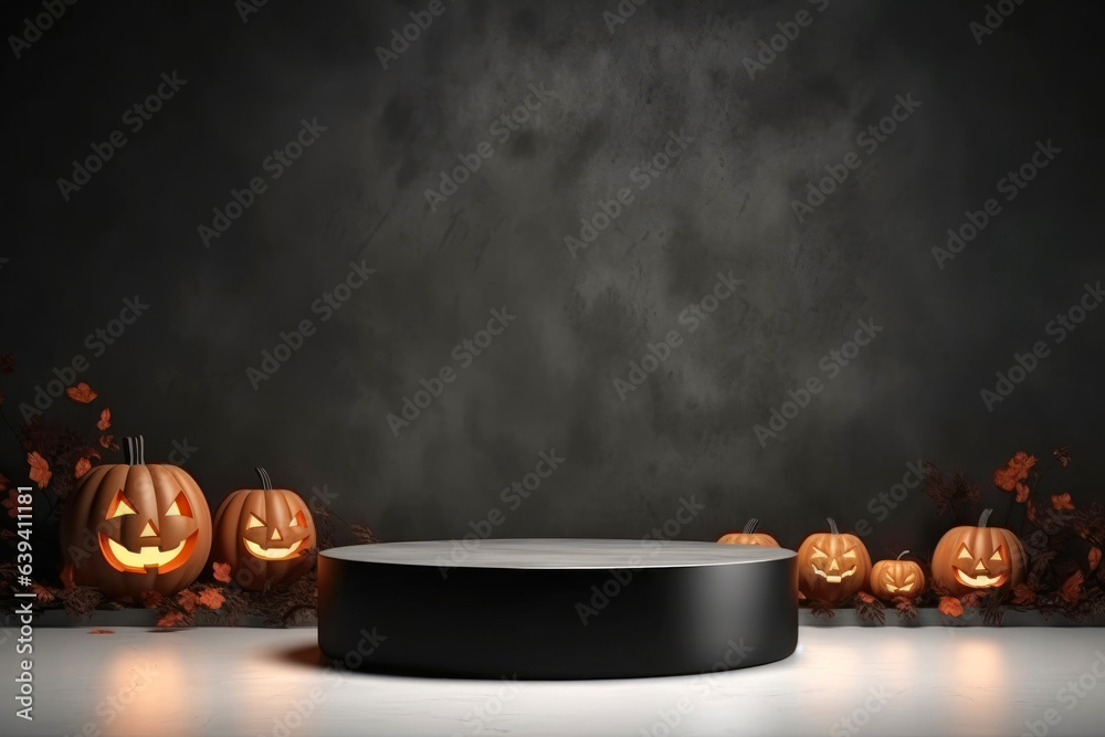 Poster Halloween background with podium copy space for product display. 3D rendering Generative ai