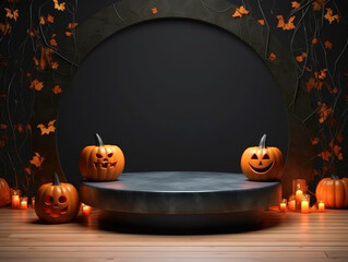 Halloween background with podium copy space for product display. 3D rendering Generative ai