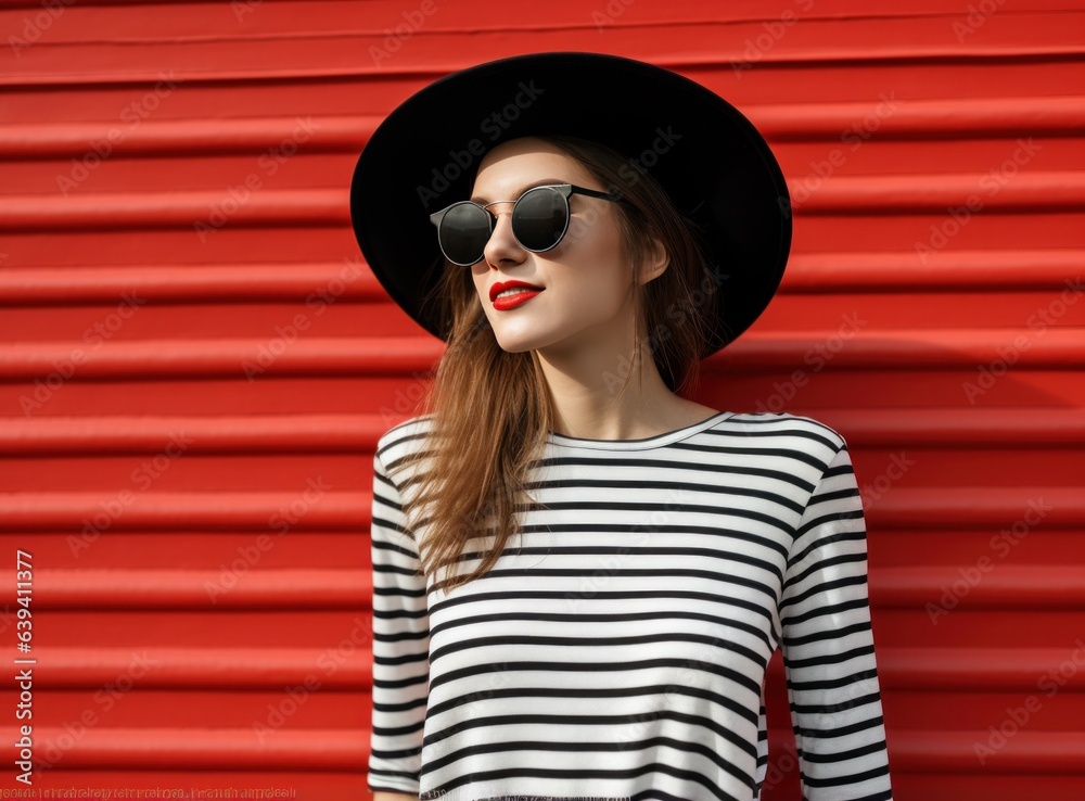 Wall mural A young woman in a black leather jacket, t shirt and black sunglasses posing against a red wall