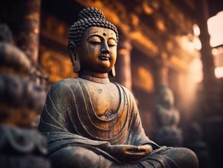  A buddha statue with its eyes close, at sunrise © olegganko
