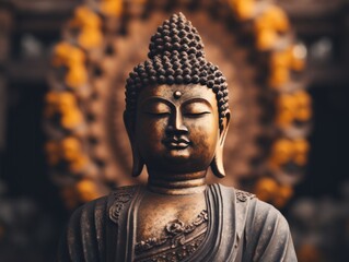 A buddha statue with its eyes close, at sunrise