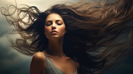 Fototapeta premium Portrait of a beautiful brunette woman with long curly hair, flying in the wind.