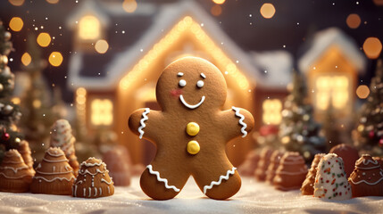 A Cute Smiling Gingerbread Man Against His Cozy Gingerbread House