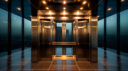 An empty modern elevator or lift  in building with lighting. Generative AI 