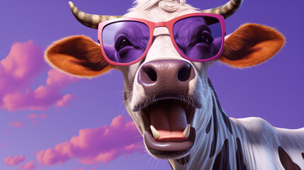 A stylish cow posing with sunglasses against