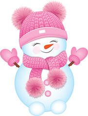 Vector Cute Snowman in Knitted Hat, Scarf and Mittens
