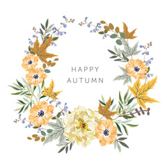 Autumn wreath with orange flowers, maple leaves, white background. Vector illustration. Nature design. Fall season