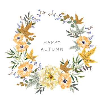 Autumn wreath with orange flowers, maple leaves, white background. Vector illustration. Nature design. Fall season © ojardin