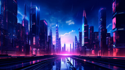 An illustration capturing the stunning neon-lit night atmosphere of a cyberpunk city, showcasing the futuristic skyscrapers of the urban landscape. Generative AI 