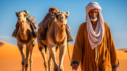 A man leads two camels through the desert. A man dressed in traditional eastern dress, Generative AI
