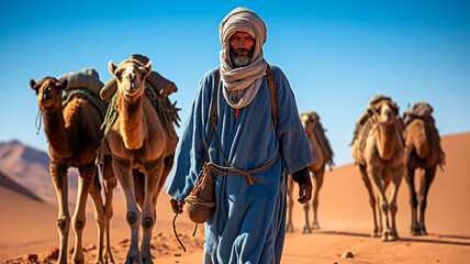 A man leads two camels through the desert. A man dressed in traditional eastern dress, Generative AI
