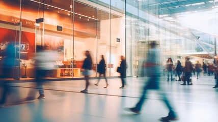 A softly unfocused backdrop captures the essence of a contemporary shopping mall, adorned with the graceful movement of shoppers who traverse its halls in search, Generative AI