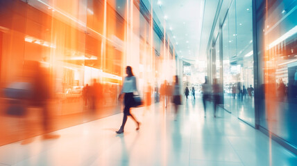 A softly unfocused backdrop captures the essence of a contemporary shopping mall, adorned with the graceful movement of shoppers who traverse its halls in search, Generative AI