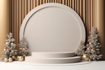 Christmas background with podium copy space for product display. 3D rendering Generative ai