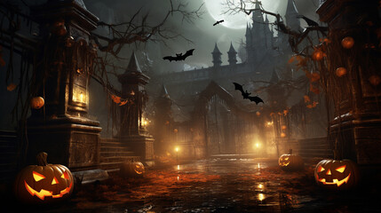 Wooden Haunted house with pumpkins. Full moon. Spooky Old house in spooky dark forest. Haunted house in the night forest
