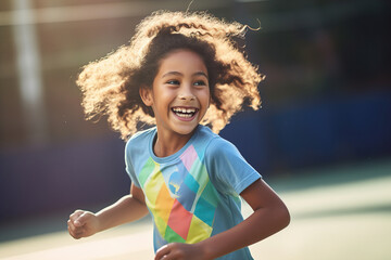 Cheerful girl is playing tennis in court in summer