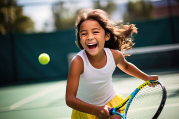 Cheerful girl is playing tennis in court in summer - obrazy, fototapety, plakaty