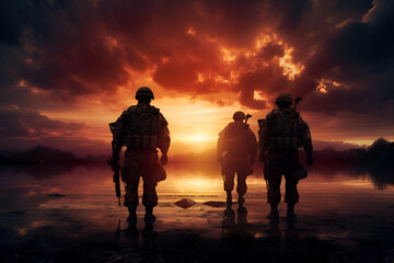 Military silhouettes of soldiers against the backdrop of sunset sky. generative AI