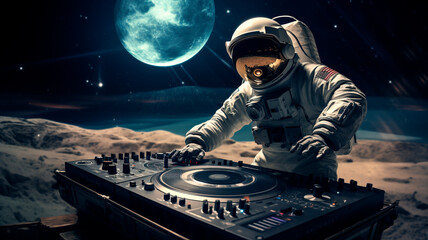 astronaut dj throws a party on another planet, dj console on the moon, Generative AI 