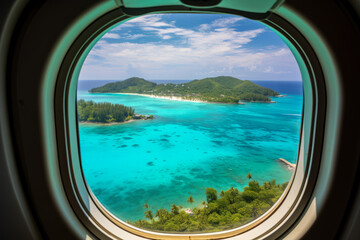 Naklejka premium Tropical island with turquoise water aerial view through an aircraft window