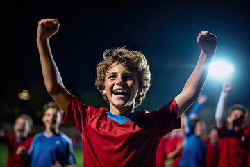 Cheerful and smiling teenagers are playing soccer outdoor during daylight