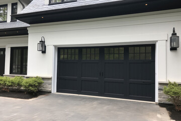 Black Swing Out Garage Doors With Windows in a House With Vinyl Siding