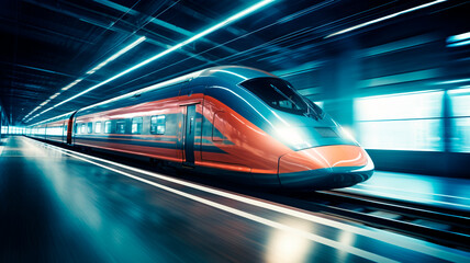 An intriguing photograph of a high-speed train captured in motion, featuring a motion blur effect, reflective surfaces, a sense of speed, and a cinematic quality. Generative AI