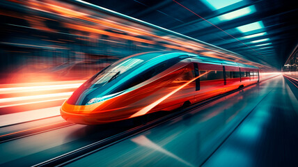 Fototapeta premium An intriguing photograph of a high-speed train captured in motion, featuring a motion blur effect, reflective surfaces, a sense of speed, and a cinematic quality. Generative AI