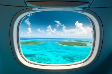Fototapeta premium Tropical island with turquoise water aerial view through an aircraft window