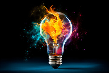 Light bulb shaped colorful powder explosion on a black background. generative AI