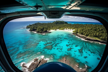 Tropical island with turquoise water aerial view through an aircraft window