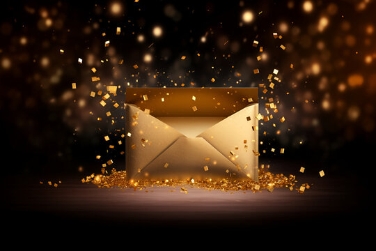 party, decoration and holidays concept - golden glitters and envelope on black background generative AI