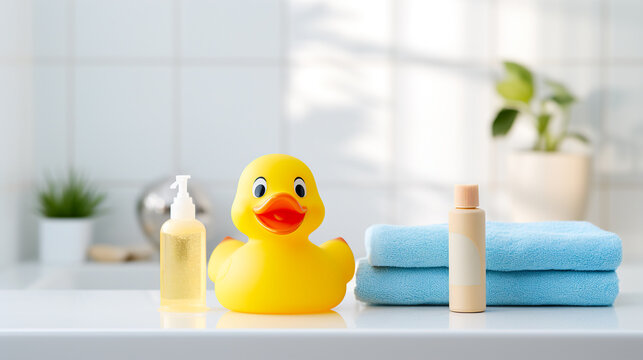 Yellow rubber duck with shampoo bottle and towel on white table in bathroom