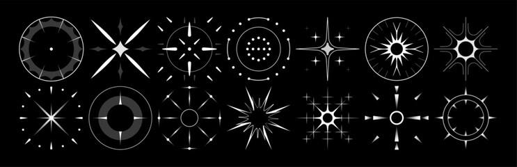 Set of stars and flares vector Y2k shapes. Astrological decorative vintage vector elements in art deco style. HUD Ui forms. Linear Victorian magic objects.	
