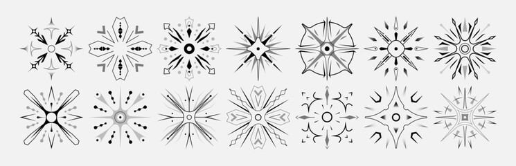 Set of stars and flares. Astrological decorative vintage vector elements in art deco style. HUD Ui forms. Linear Victorian magic objects.	
