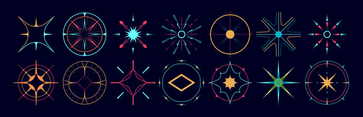 Set of stars and flares. Astrological decorative vintage vector elements in art deco style. HUD Ui forms. Linear Victorian magic objects. © crocolot