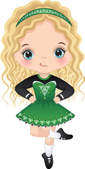 Vector Cute Girl Dancing Irish Dance in Traditional Celtic Dress